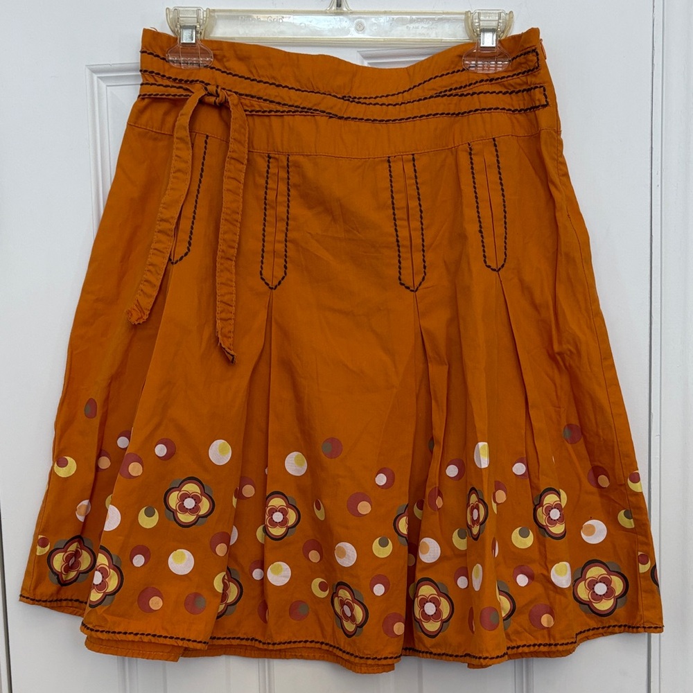 Promod Orange Pleated A-Line Skirt with Floral‎ Accents